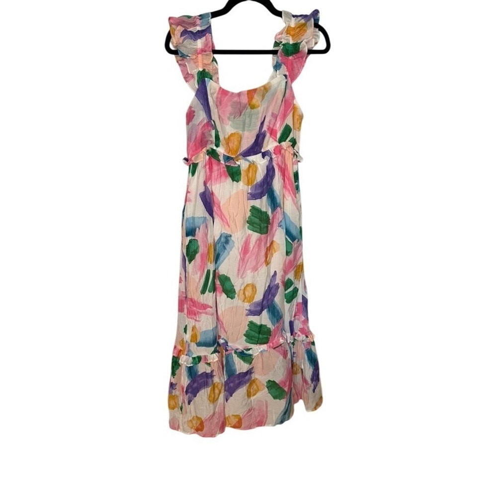 Blu Pepper White Multi Brushstroke Print Ruffle Dress - Women's L NWT